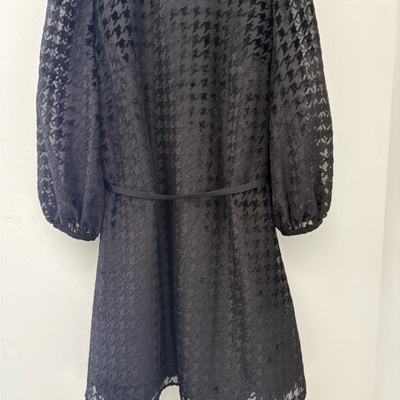 Ann Taylor NWT Black Houndstooth Sheer Sleeve A-Line Belted Dress Size 16 - Picture 4 of 11